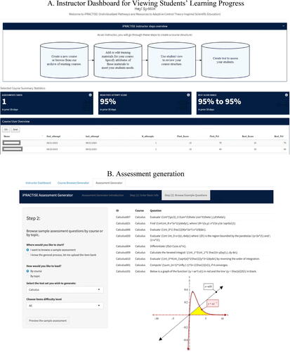 Fig. 5 Screenshots of selected instructor functionalities in iPRACTISE, including: (A) a dashboard for viewing students’ progress; and (B) an assessment portal for browsing through and selecting existing assessment items from the test archive, as well as adding new items.