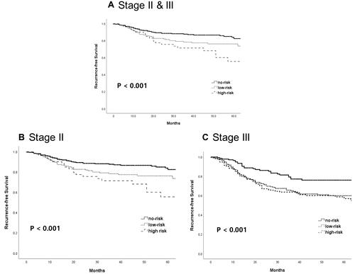Figure 1 Comparison of 5-year recurrence-free survival according to the risk grouping and TNM stage in patients with stage II–III (A) no-risk group, 78.5%; low-risk group, 65.5%; high-risk group, 58.7%, P < 0.001), in patients with stage II (B) no-risk group, 82.54%; low-risk group, 76.2%; high-risk group, 55.5%; P < 0.001), in patients with stage III (C) no-risk group, 76.0%; low-risk group, 59.9%; high-risk group, 57.0%; P < 0.001).