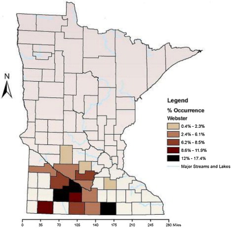 Figure 1. Occurrence of Webster soil by county, in southern Minnesota.