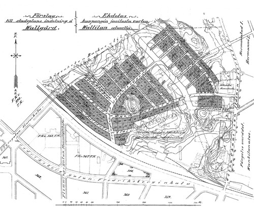 Figure 3. Bertel Jung, Proposal for the division of the city in the Vallila area, 1908 [HKPA 14/1908 Annex V, Helsinki City Museum Archive].