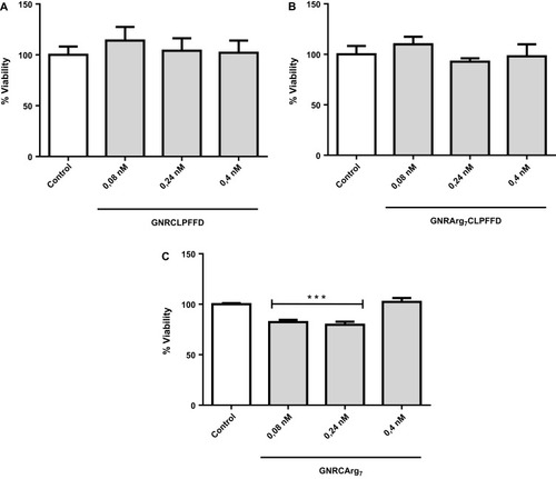 Figure 6 Cellular viability in SH-SY5Y cells treated with (A) GNR-CLPFFD; (B) GNR-Arg7CLPFFD; and (C) GNR-CArg7 at different concentrations (0.08–0.4 nM) for 24 h. The control was without nanoparticles. The data are expressed as the percent of living cells. Values represent the mean ± SEM of three separate experiments in triplicate (***p < 0.001).