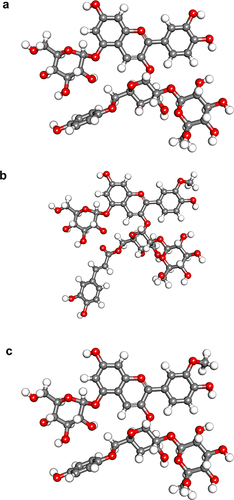 Figure 1 The 3D Structures of Cyanidin-3-caffeoyl-p-hydroxybenzoyl sophoroside-5- glucoside (a), Peonidin-3-di caffeoyl sophoroside-5-glucoside (b), Peonidin-3-caffeoyl-p-hydroxybenzoyl sophoroside −5- glucoside (c).