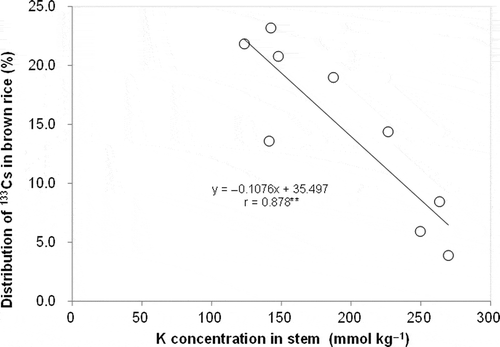 Figure 6 Relationship between cesium-133 (133Cs) distribution in brown rice in aboveground parts and potassium (K) concentration in stems (** indicates P < 0.01).