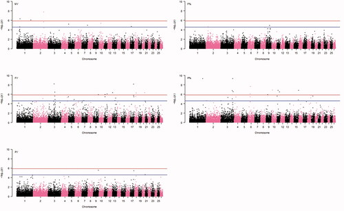 Figure 1. Genome-wide plots of -log10(p-values) for association of SNPs with milk yield (MY), fat percentage (F%), fat yield (FY), protein percentage (P%) and protein yield (PY). Genome-wide and suggestive thresholds are also shown.