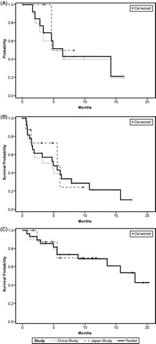 Figure 3. Kaplan–Meier analysis of duration of response (panel A, n = 15), progression-free survival (panel B, n = 29) and overall survival (C, n = 29).