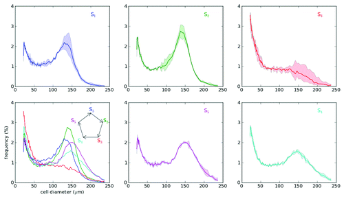 Figure 5. Oscillation of adipose cell-size distribution. Adipose cell-size distributions were measured in a Zucker fa/fa rat (4 weeks old) over a period of 151 d, using micro-biopsies to obtain subcutaneous (inguinal) fat tissue from the animal. The biopsies were done on days 0, 2, 6, 9, 13, 23, 33, 57, 69, 86, 98, 134, 141 and 150. Their cell-size distributions could be consecutively categorized into five stages (S1 to S5) based on the Bayesian analysis of data.Citation50 Those stages appear periodically with an interval of ~55 d.