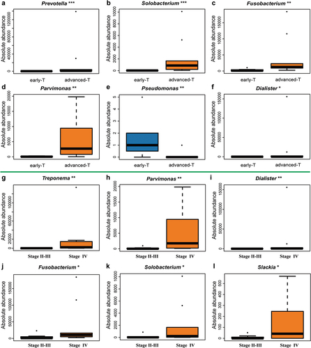 Figure 8. Potential genuses of microbiota found in HC group under different T classification and TNM stagings. (A-F) The genera Prevotella (p = 0.0001), Solobacterium (p = 0.0008), Fusobacterium (p = 0.0024), Parvimonas (p = 0.0024), Dialister (p = 0.016) increased whereas the genus Pseudomonas (p = 0.009) was downregulated in advanced T classification (T3-T4), when compared to early T classification (T1-T2). (G-L) The genera Treponema (p = 0.0043), Parvimonas (p = 0.0043), Dialister (p = 0.0085), Fusobacterium (p = 0.0155), Solobacterium (p = 0.0366), Slackia (p = 0.0412) were higher in advanced TNM staging (IV), when compared to early TNM staging (II–III).