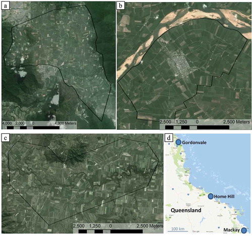 Figure 1. The three study sites in Queensland: (a) Gordonvale; (b) Home Hill; (c) Mackay, and (d) study site locations in Queensland. The black outlines on the GeoEye-1 images in (a)-(c) indicate the areas captured by the GeoEye-1 satellite sensor.