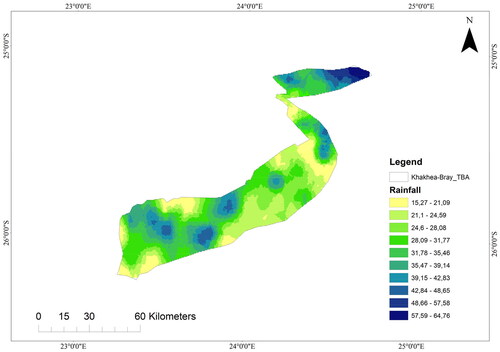 Figure 9. Spatial pattern of the trend for month rainfall over October 2020 in Khakea–Bray transboundary aquifer.