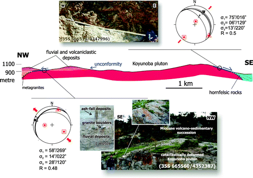 Figure 3. A geological cross section showing structural characteristics of the Koyunoba pluton and the surrounding units. Western contact of the pluton with metagranites is formed by microgranites and leucocratic dykes. Intrusive contact on the eastern margin of the Koyunoba pluton is sharp with hornfelsic clastic rocks of the Dağardı Mélange. Low-angle brittle faults and associated cataclastic rocks occur on the western and eastern margins of the Koyunoba pluton. Note that the Miocene fluvial and volcaniclastic rocks of the Akdağ volcanic unit overlie the low-angle brittle faults. See Figure 2 for location of the cross section.