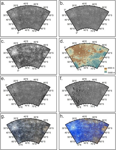 Figure 1. Data used during mapping: a. Bulk data record (166 m/pixel) basemap, b. Bulk data record (250 m/pixel) basemap, c. Low incidence angle basemap, d. colour-keyed digital terrain model overlain with hillshade (CitationBecker et al., Citation2016), e. High incidence west basemap, f. High incidence east basemap, g. colour basemap, and h. enhanced colour basemap (CitationDenevi et al., Citation2018).