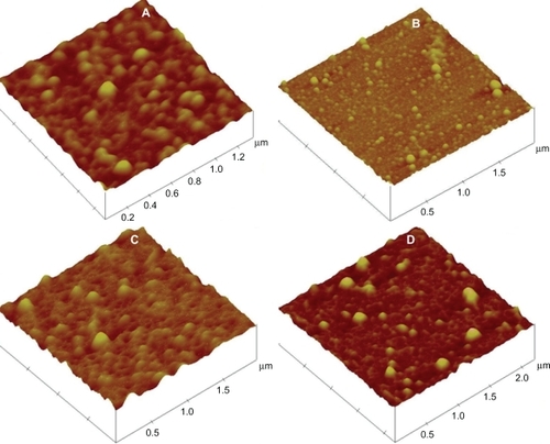 Figure 1 AFM study of silymarin nanoparticle preparations. Preparation B1 (A), Preparation B2 (B), Preparation B3 (C), Preparation B4 (D).Abbreviation: AFM, atomic force microscopy.