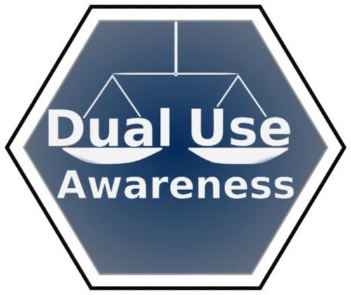 Figure 3. The Dual Use Awareness Button awarded by the 2018 Bielefeld-CeBiTec iGEM team to teams that used their tools to learn about dual-use issues and review their projects.