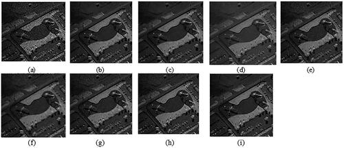 Figure 2. (a) Speckled SAR image; (b) outcome of Wang et al. (Citation2022); (c) outcome of Perera et al. (Citation2022a); (d) outcome of Liu et al. (Citation2022); (e) outcome of Perera et al. (Citation2023); (f) outcome of Wu et al. (Citation2022); (g) outcome of Nabil et al. Citation2023 (2023); (h) outcome of Baraha and Sahoo (Citation2022); (i) outcome of proposed method.