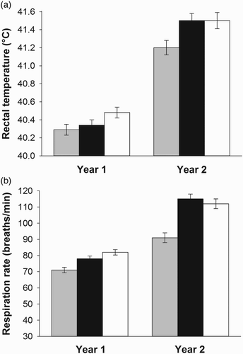 Figure 2. Mean (±SEM) (a) rectal temperature (°C) and (b) respiration rate (breaths/minute) of lambs when subject to heat stress after grazing pastures sown with different cultivar-endophyte combinations (n=30 per cultivar) for 24 days in 2012 (Year 1) and 26 days in 2013 (Year 2). The cultivars were endophyte-free Trojan ryegrass (grey bars), Trojan ryegrass infected with NEA endophytes (black bars) and Samson ryegrass infected with standard endophyte (white bars).