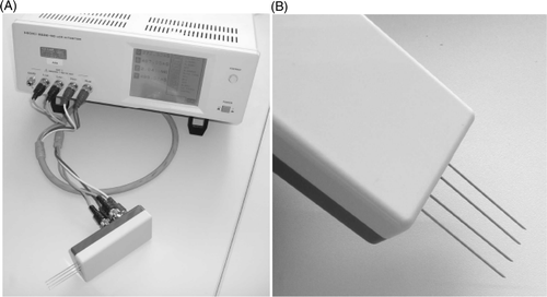 Figure 1. (A) Measurement set-up with 4-electrode measurement probe and LCR measurement bridge; (B) 4-electrode measurement probe in detail.