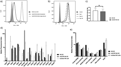 Figure 2. Generation and characterization of AdCAR NK-92 cells. CD34 marker gene expression was measured via flow cytometry on untransduced (gray, filled) and transduced NK-92 cells before (black line) and after (gray line) single-cell sort (a) and monitored for 150 d (b). Average proliferation rate of parental NK-92 and sorted AdCAR NK-92 was measured over the same time frame and calculated as mean ± SD (c). AdCAR-transduced and parental NK-92 cells were characterized for the expression of activating and inhibitory NK receptors as well as immune checkpoint receptors via flow cytometry. Results were compared to flow cytometric analysis of isolated NK cells from three healthy donors. Median fluorescence intensity ± SD was calculated using FlowJo software, n = 3 (d, e).