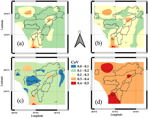 Figure 9. Spatial variation in CoV of seismic hazard level for 10% probability in 50 years for SC A. (a) PGA (b) Sa at 0.1 s (c) Sa at 0.2 s (d) Sa at 1 s.
