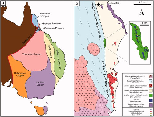 Figure 1. (a) Tectonic framework of the Tasmanides in eastern Australia after Glen (Citation2013). The black box indicates the study area, which covers the Barnard Province and southeastern Mossman Orogen. (b) Local geology of the study area highlighted in (a) and the geology of the Cowley Ophiolite Complex (inset) with sample locations. Local geology after Langbein (Citation2010).