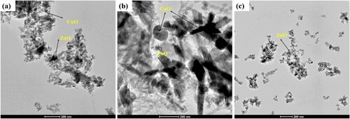 Figure 4. HR-TEM images of CuO-ZnO NPs at different electrolyte concentrations are at (a) 2M KOH, (b) 2M NaOH, (c) 2M NaNO3.