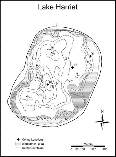 Figure 1. Depth contours, coring location, depths, and approximate Al treatment zone for Lake Harriet. All depths are in meters.