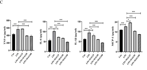 Figure 7 The effects of Mag on the pro-inflammatory cytokines, mediators, and chemokines of LPS-stimulated peritoneal macrophages. (A) The proportion of macrophages in the peritoneal cells from mice were detected by flow cytometry. Representative overlay histograms. Gray-filled histograms indicate isotype control. (B) The mRNA expression of TNF-α, IL-6, IL-1β, MCP-1, iNOS, and IFN-β mRNA in LPS-induced peritoneal macrophages were determined by qRT-PCR. (C) ELISA was used to detect the concentrations of TNF-α, IL-6, IL-1β, and MCP-1 in the peritoneal macrophages. Data in (A–C) are representative of at least three repetitions. *P<0.05, **P<0.01, ***P<0.001 (one-way ANOVA with Tukey’s post hoc test or Kruskal–Wallis test).