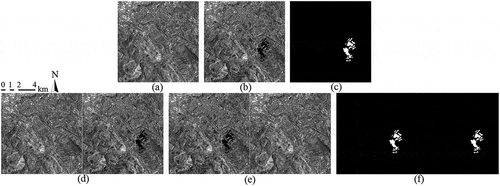 Figure 2. Multi-temporal images acquired by ERS-2 in Berne, Switzerland and their stitched images containing two change types. (a) Image acquired in ﻿April 1999. (b) Image acquired in May 1999. (c) Reference map. (d) stitched image acquired at T1, the left part is the same as Figure 2(a) and the right part is the same as Figure 2(b). (e) Stitched image acquired at T2, the left part is the same as Figure 2(b) and the right part is the same as Figure 2(a). (f) Reference map of stitched images