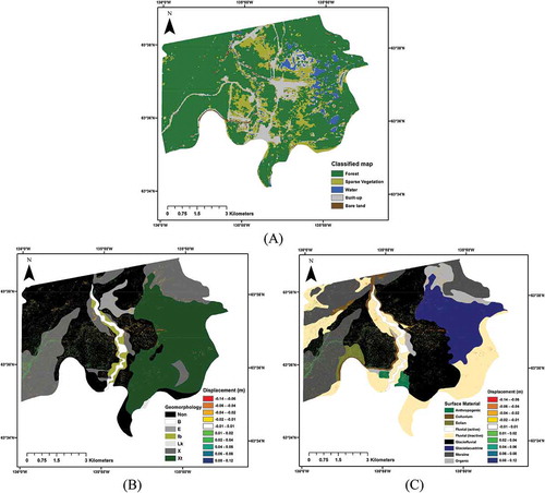 Figure 9. (A) The land cover classification map, (B) the geomorphological process map with an overlay of the SBAS InSAR deformation results, and (C) the surface material map with an overlay of the SBAS InSAR results. Note that the dominant surface material component is used for the purpose of illustration.