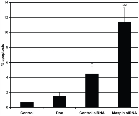 Figure 1 HCT-116RC cells treated with either control media, 0.5 mM DOC (deoxycholate), control siRNA, or maspin-specific siRNA for 24 hours and the percentage of apoptosis ± SEM determined for each experimental group. The single asterisk indicates statistically significant differences compared to untreated cells in control media. Treatment of cells with 0.5 mM DOC served as a control to ensure that the cells had maintained their apoptosis resistance to the same apoptosis-inducing agent that was used to develop the resistant cells over ~40 weeks of persistent exposure. There was no significant increase in the % apoptosis after treatment of cells with 0.5 mM DOC.