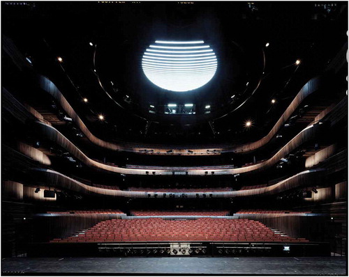 Fig. 9. Main Hall at Norwegian National Opera and Ballet with chandelier, Oslo, Norway, 2008. Architecture: Snøhetta. Photo by Helene Binet. Image © Helene Binet.
