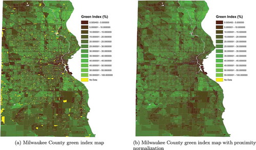 Figure 12. Milwaukee County raw green index FIPS block map, and its correction by proximity normalization.