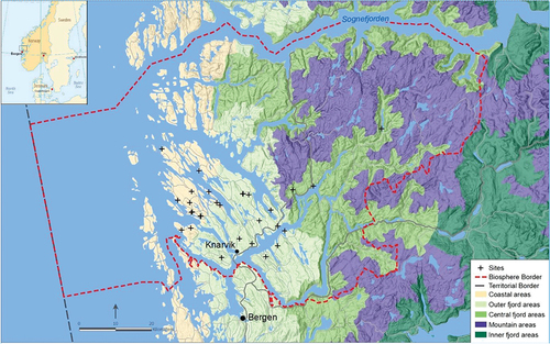 Figure. Nordhordland UNESCO Biosphere Reserve, constituting nine municipalities, is located on the west coast of Norway. The grazed grassland sites that we sampled were in outer coastal areas and fjord areas and are indicated by ‘+’. Map modified from NIJOS (Citation2011) and Kaland et al. (Citation2018) for the Biosphere Reserve boundary.