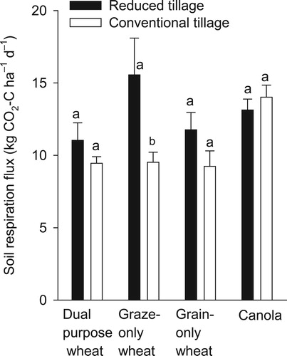 Figure 4. Average and standard errors (n = 8) of soil respiration fluxes. Letters above bars represent mean separation (P < .05) between two paired tillage treatments under individual cropping systems.