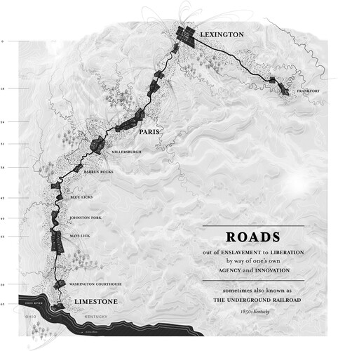 Fig. 2. Karen Lewis, ‘Roads out of Enslavement to Liberation by way of one’s own Agency and Innovation sometimes also known as the Underground Railroad. 1850s Kentucky,’ 2023. Image courtesy of the author.