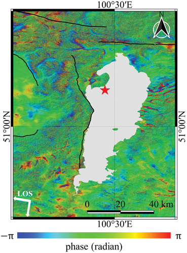 Figure 4. DInSAR image generated using the Sentinel-1 InSAR pair obtained on 25 April 2021 and 7 May 2021, which captured an Mw 5.6 aftershock on 3 May 2021. The black lines represent the active faults reported by GEM and the red star indicates the aftershock epicenter reported by the USGS.