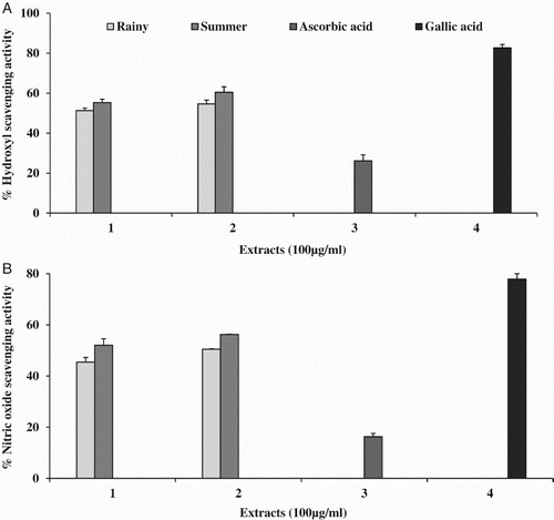 Figure 2. Free radical scavenging activity of Opuntia ficus-indica fruit extracts: (A) hydroxyl; (B) nitric oxide, where 1 = water extract, 2 = methanol extract, 3 = ascorbic acid and 4 = gallic acid at 100 µg ml−1.