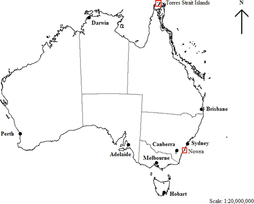 Figure 1.  Location of Nowra, NSW and the Torres Strait Islands, QLD, Australia. Source: Reproduced with permission from Geosciences Australia (Citation2010).
