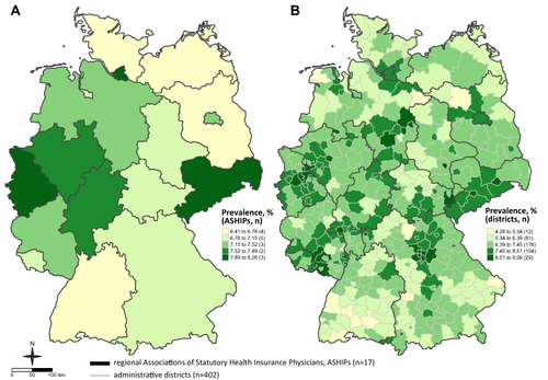 Figure 4 Age- and sex-standardized diagnostic prevalence of hay fever in ASHIP regions (A) and by district (B) in 2019.