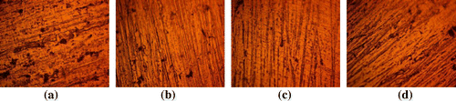 Figure 3. Optical images of 1070AL/SiC samples (mag. × 40) at 0, 10, 15 and 20% SiC content before the corrosion test.