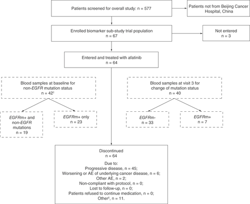 Figure 1. Patient disposition CONSORT diagram. †Of the 48 patients who had both blood and tissue samples analyzed, only two had EGFR mutations detectable per tissue samples but not per blood samples. ‡Includes patients who switched to commercial drug.AE: Adverse event.