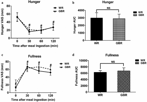 Figure 4. The hunger and fullness perception were evaluated by VAS questionnaires. The hunger perception (a), the AUC of hunger perception (b), the fullness perception (c), and the AUC of fullness perception (d). Data are expressed as the mean ± SEM. #p < .05 compared to baseline. NS; Not significant difference.