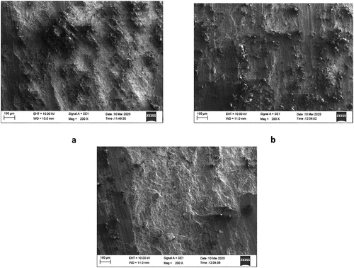 Figure 6. SEM micrographs of Al 7075 alloy worn surface a) as-cast, b) Aged at100°C andc)Aged at 200°C.