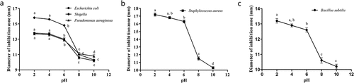 Figure 5. Effect of pH on the antibacterial activities of the flavonoids. Diameters of the inhibition zones of quercetin (A), rutin (B) and hyperin (C) for different bacteria. Different letters represent significant differences, p < .05.