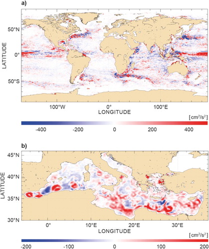 Figure 35. Anomalies of EKE for 2015 [09/2014–08/2015] with respect to the [1993–2014] climatological mean over the global ocean (a) and Mediterranean Sea (b) (note the different colourbar range).