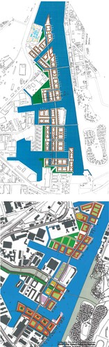 Figure 5. First Soeters’ masterplan from 2000 top (Soeters van Eldonk architecten Citation2000), and final comprehensive plan from 2002 bottom (City of Copenhagen Citation2004).