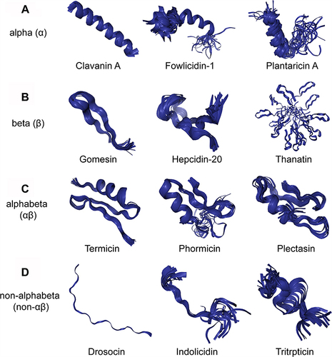 Figure 1 Different structures of AMPs. (A) Clavanin A, fowlicidin-1 and plantaricin A have typical α-helical conformations. (B) Gomesin, hepcidin-20 and thanatin have β-sheet conformations. (C) Termicin, phormicin and plectasin have both alpha-helix and beta-sheet conformations. (D) Drosocin, indolicidin and tritrpticin are AMPs with linear extension structures. All the structures were taken from the DBAASP v3: database.Citation112