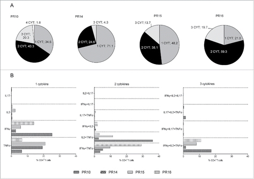 Figure 5. Multifunctional profile of AE37-responsive CD4+ T cells. (A) Pie charts show percentages of AE37-stimulated CD4+ T cells (10-d stimulation cultures) producing 1, 2, 3, or 4 cytokines among the total CD4+ T cell population. (B) Graph presents the proportions (%) of cytokine combinations that were evaluated in AE37-responsive CD4+ T cells. Multifunctional cytokine analysis was performed after stringent gating of each cytokine positive population and subsequent Boolean gating using FlowJo software.