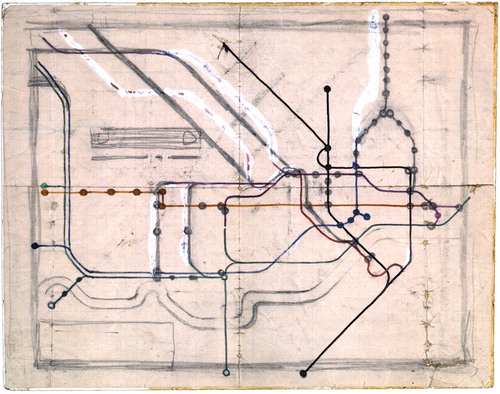 Figure 1. Sketch for a new diagrammatic map of the London Underground network by Henry C. Beck in 1931, drawn in pencil and coloured ink on squared paper in an exercise book. It incorporates the basic principles of his design and indicates the location of the River Thames, as well as spaces for the legend and the Underground logotype as if designed for a pocket-sized edition. Size: 240 × 190 mm (© TfL from the V&A collection).