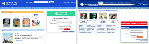 Figure 1. Screenshots of SpaceHey.com circa June 2021 and Myspace.com circa 2007 (via archive.org).