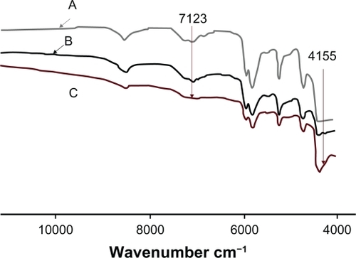 Figure 12 Fourier transform near infrared spectra of poly(d,l-lactide-co-glycolide) membranes in the presence of A) 0%, B) 1%, and C) 3% polyethylene glycol ether.